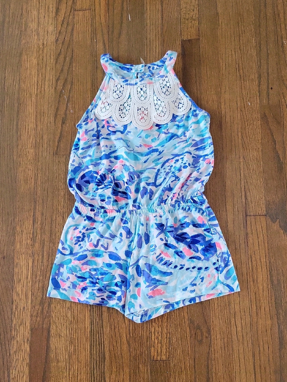 Lilly Pulitzer Blue & Pink Watercolor Halter Romper with Crochet Yoke